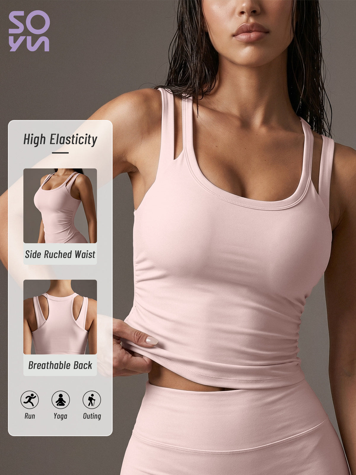 Letter Print Backless Padded Tank Top - Pale Pinkish Gray