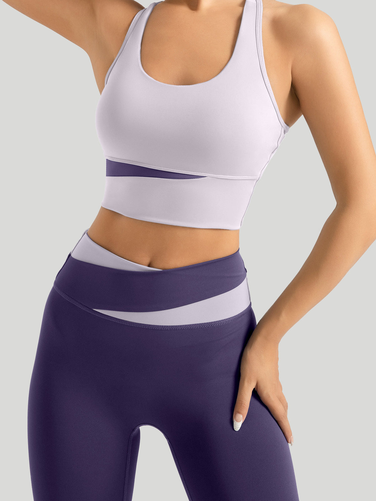 Letter Back Bra & Crossover Waist Leggings Set - Light Purple & Dark Purple