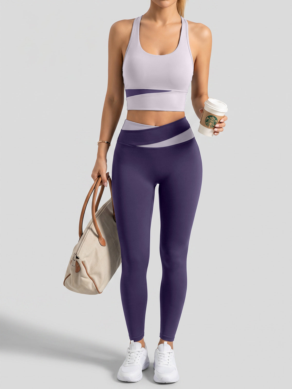 Letter Back Bra & Crossover Waist Leggings Set - Light Purple & Dark Purple