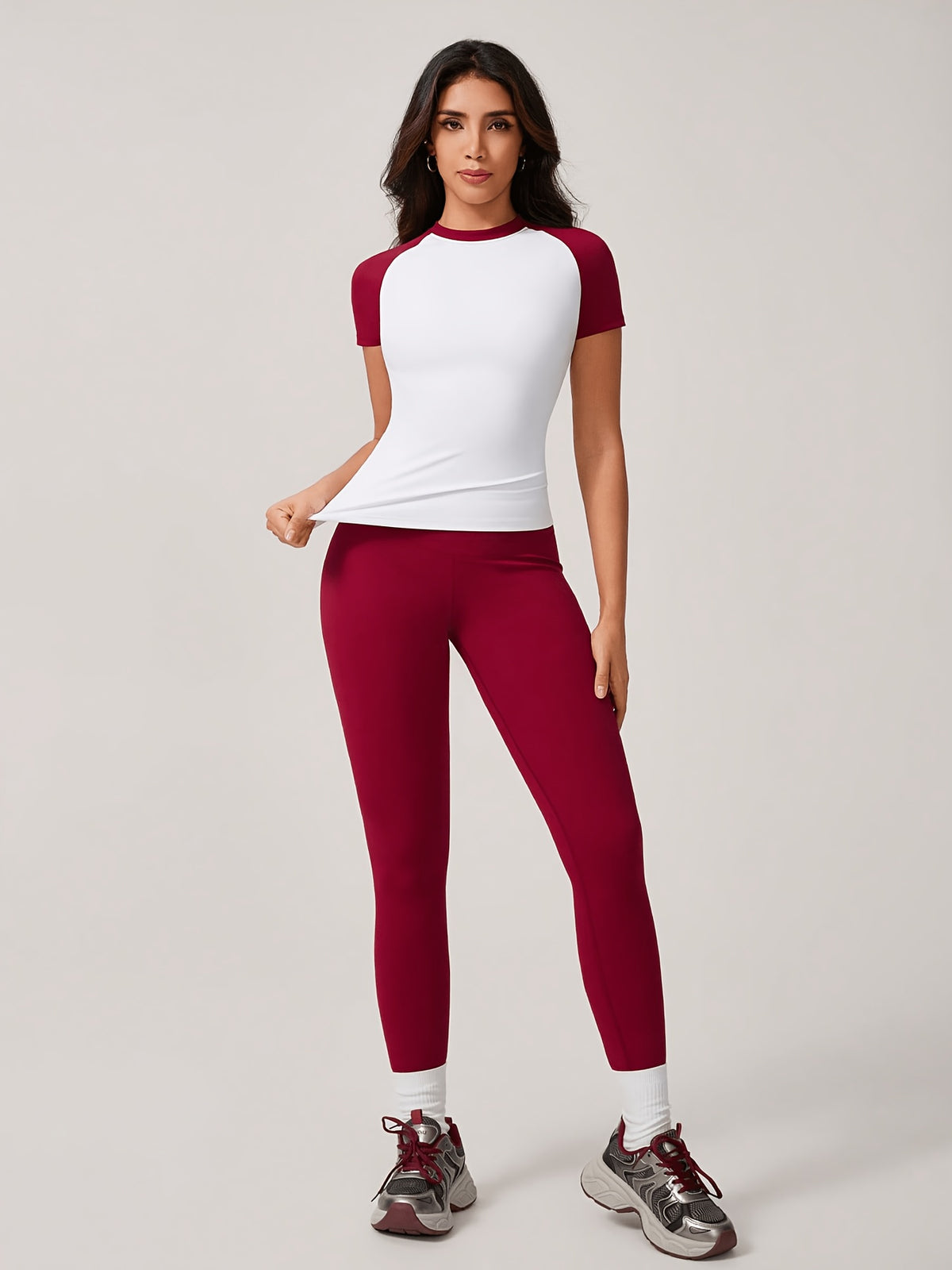 Colour Block Tee & Leggings Set - Red & White