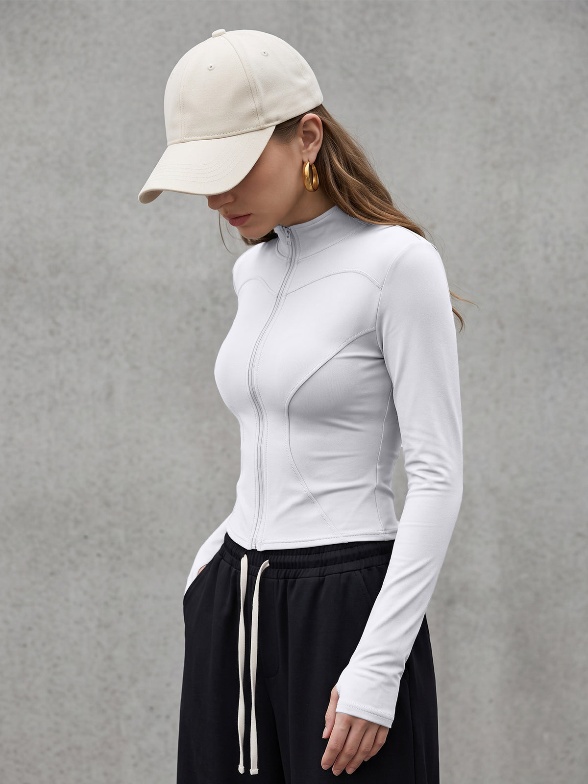 Thumbhole Stand Collar Zip Jacket - White