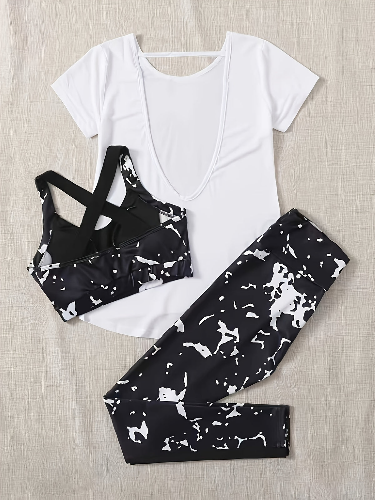 3 Piece Printed Leggings & Cut Out Tee Set - Black & White