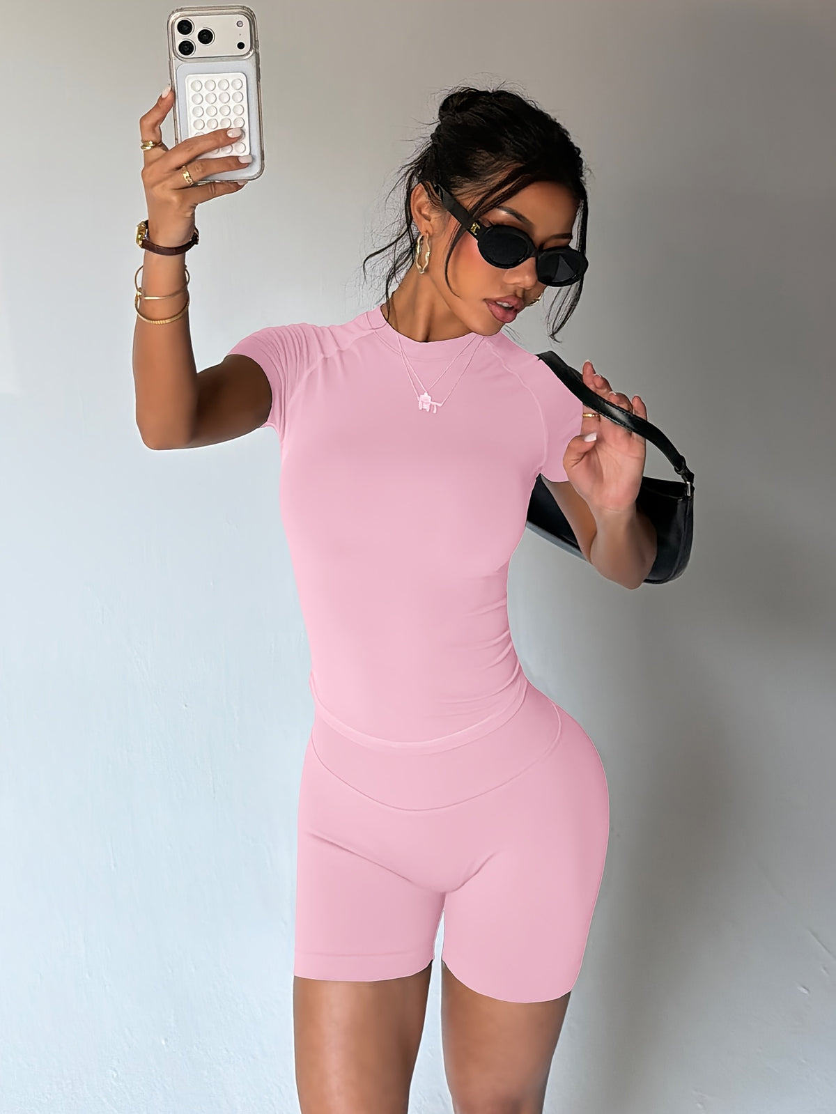 Fitted Short Sleeve Top & Shorts Set - Black