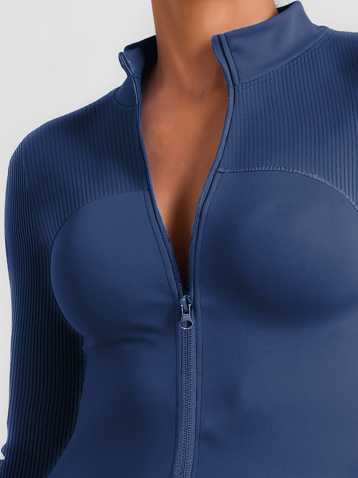 Striped Stand Collar Thumbhole Jacket - Navy