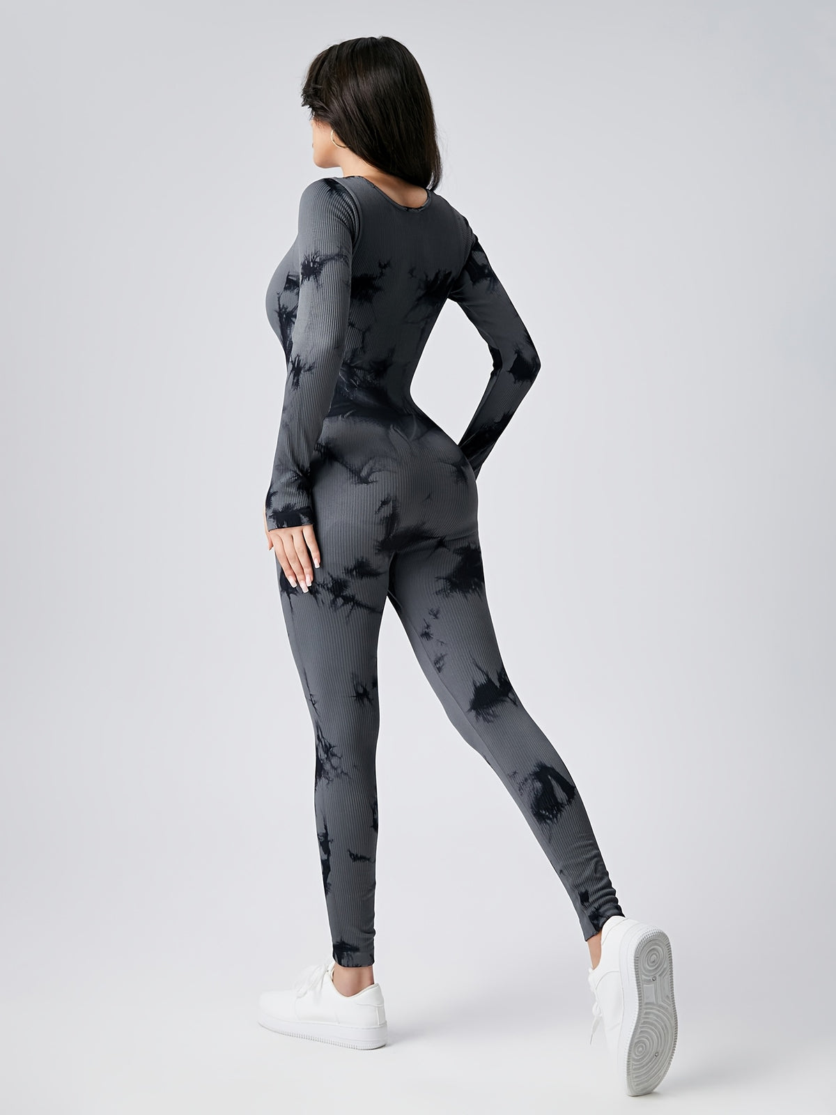 Tie Dye Ribbed Long Sleeve Jumpsuit - Grey Tie Dye