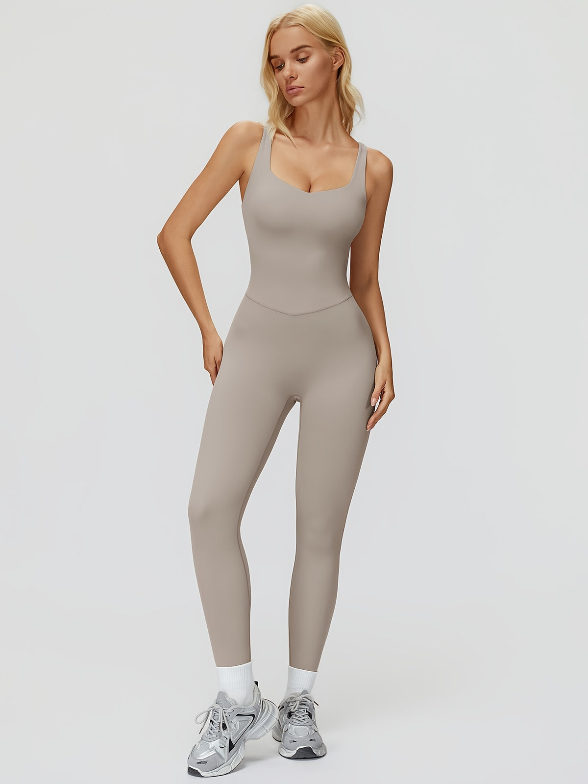 Cutout Back Yoga Jumpsuit - Silver Grey
