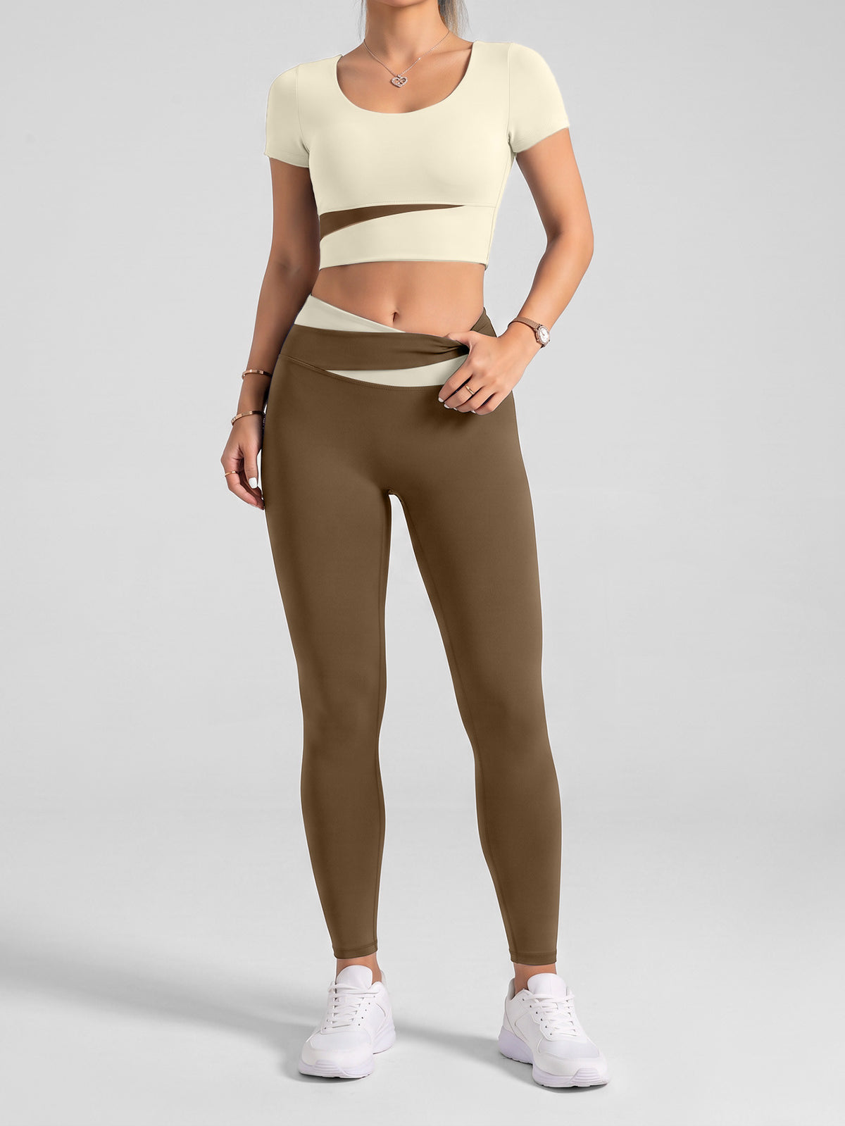 Contrast Tee & High Waist Leggings Set - Ivory White & Cocoa