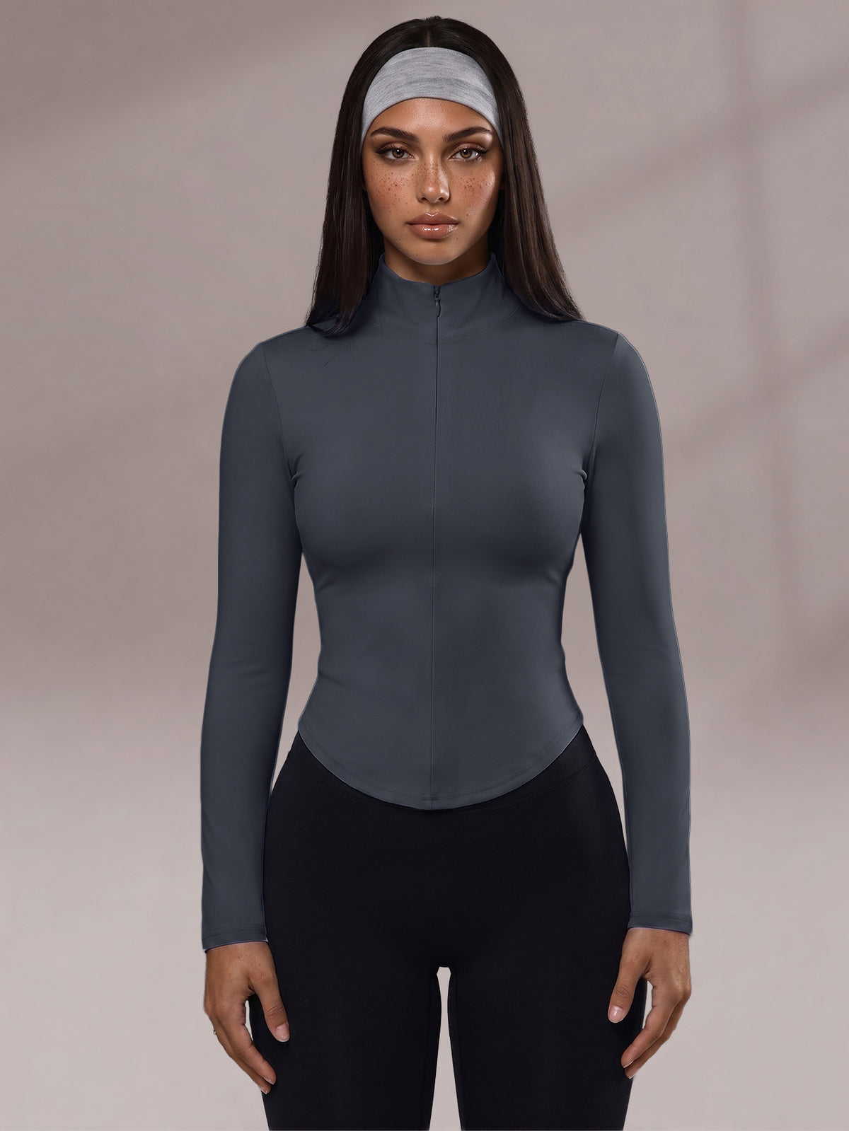 Half Zip Curved Hem Top - Dark Gray