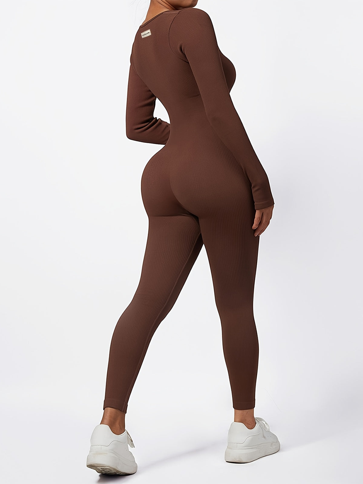 Ribbed Long Sleeve Seamless Jumpsuit - Dark Brown