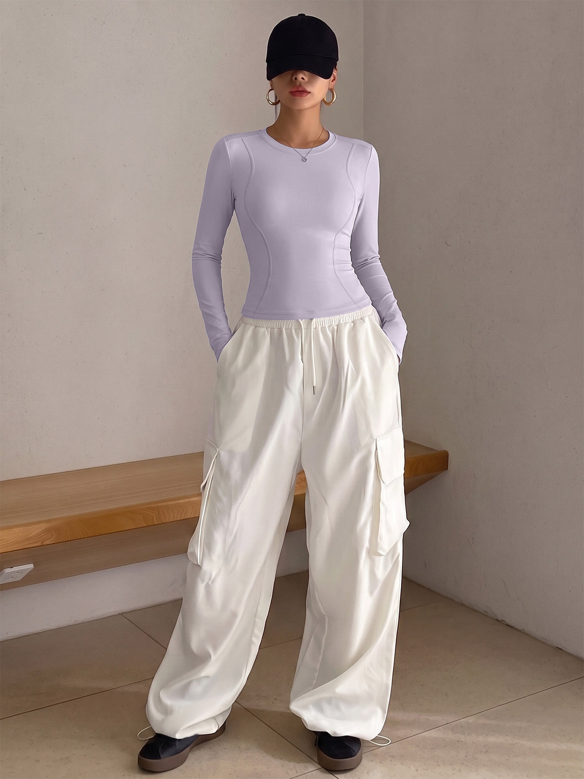 Round Neck Shaping Long Sleeve Top - Light Purple