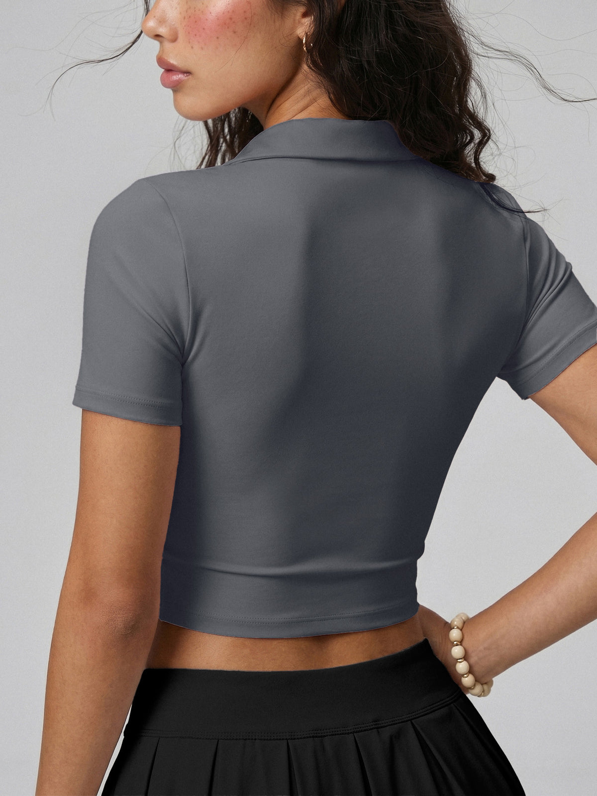 Collared V-Neck Crop Top - Grey