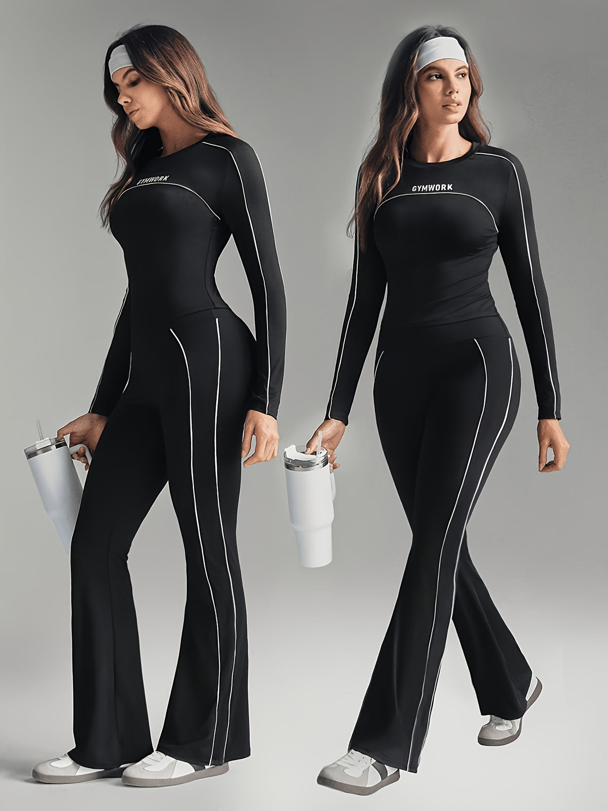 Contrast Line Long Sleeve Top & Flare Set - Black