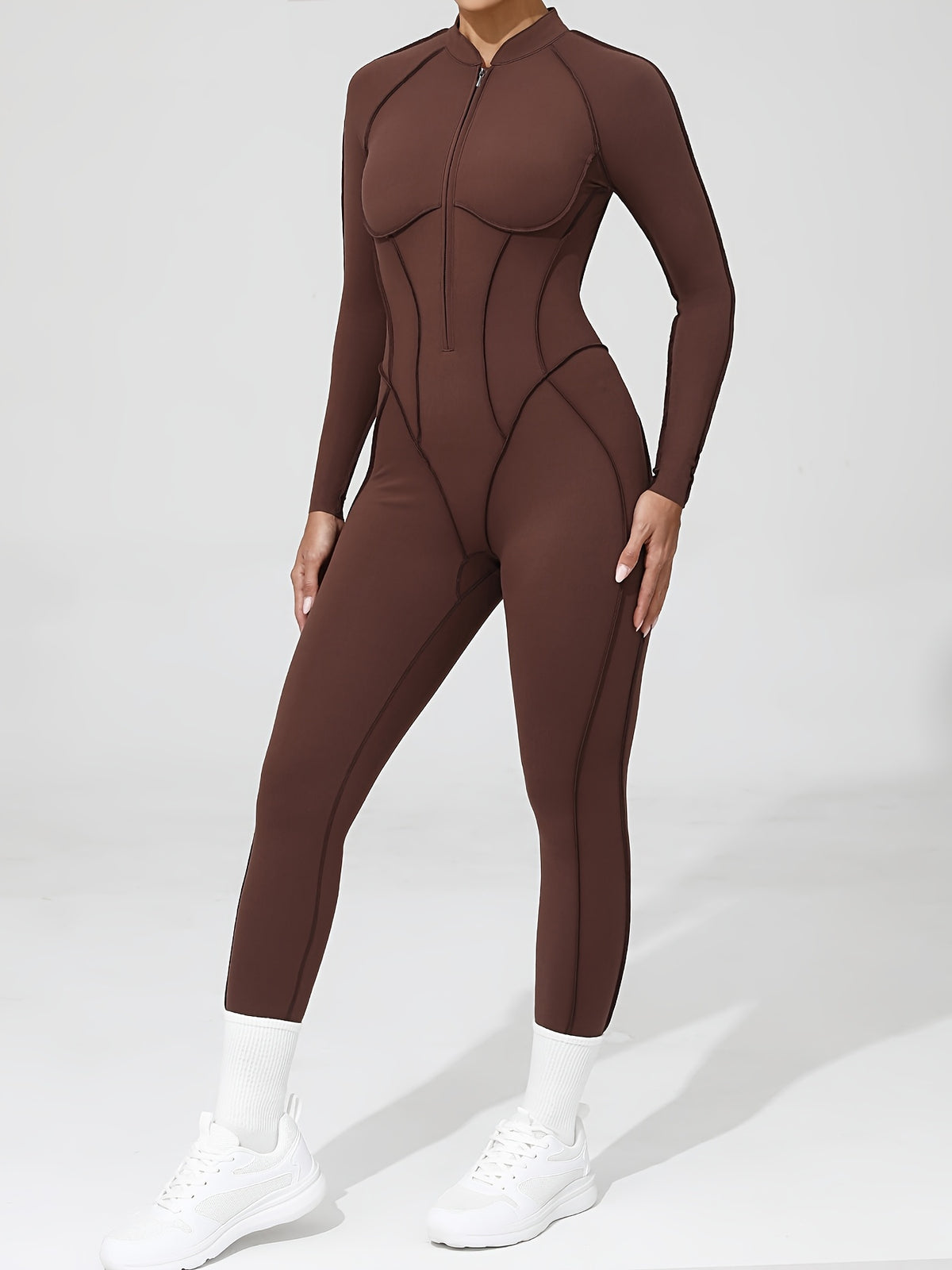 Half Zip Open Back Long Sleeve Jumpsuit - Coffee
