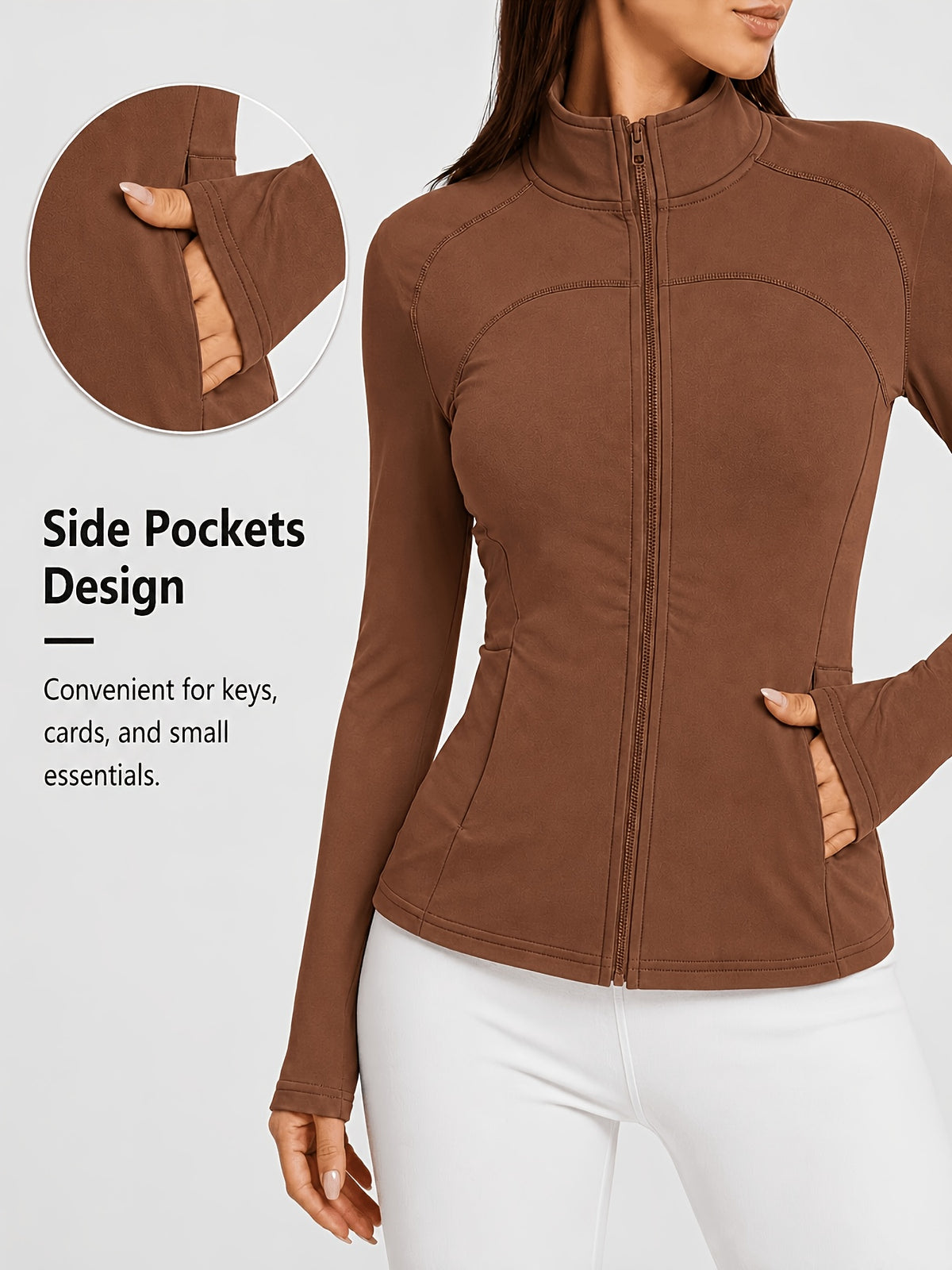 Stand Collar Double Sided Zip Jacket - Brown
