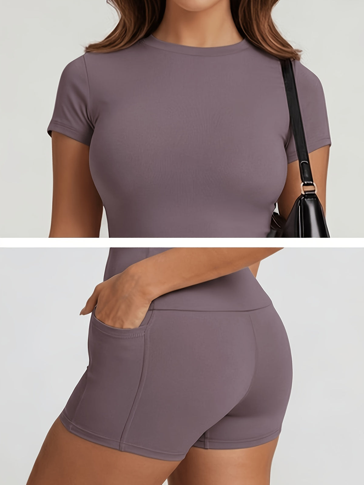 Tummy Control Top & Pocket Shorts Set - Eggplant Purple