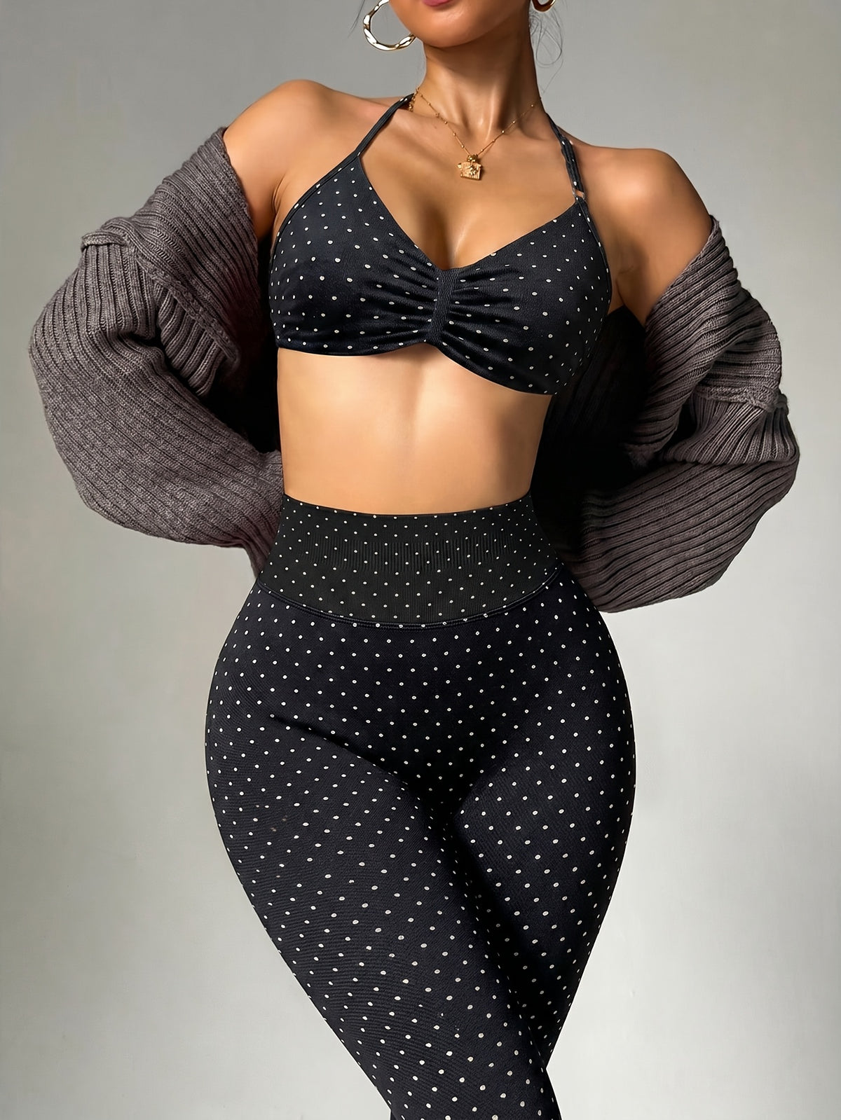 Polka Dot Halter Bra & Leggings Set - Black