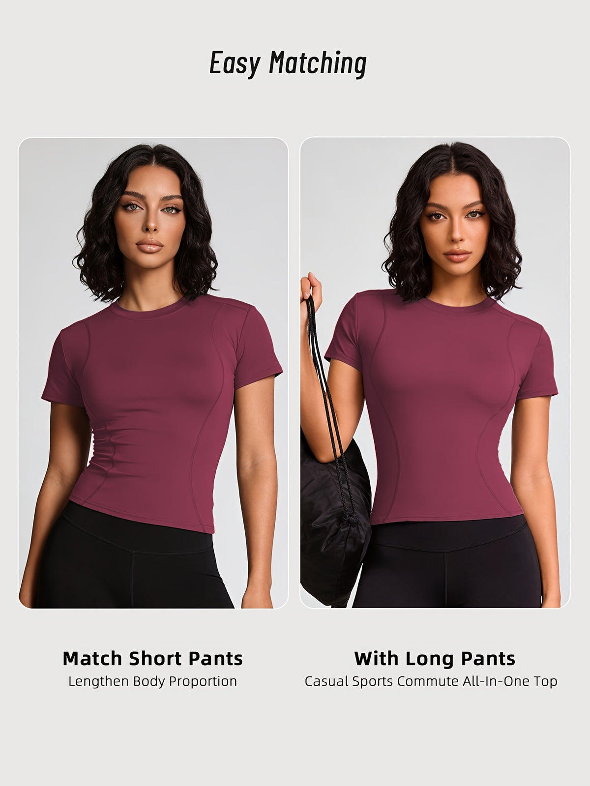 Quick-Dry Round Neck Yoga Tee - Burgundy