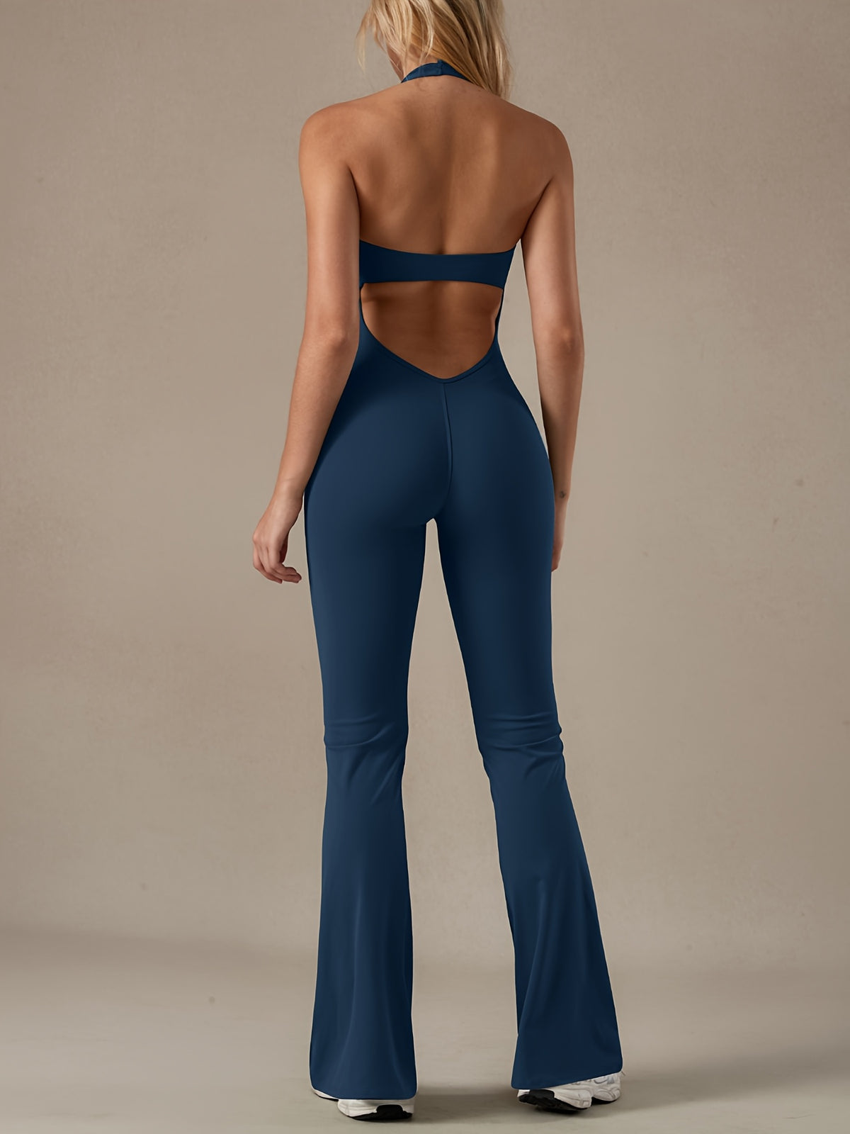 Halter Deep V Backless Flare Jumpsuit - Navy