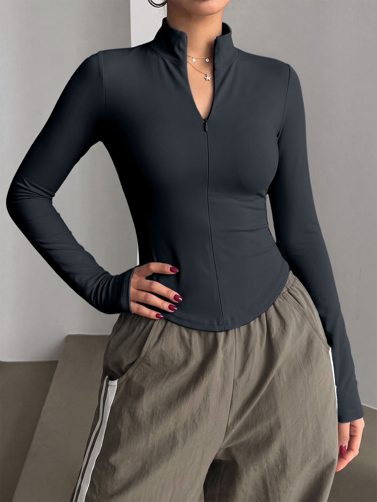 Half Zip Curved Hem Thumbhole Top - Dark Gray