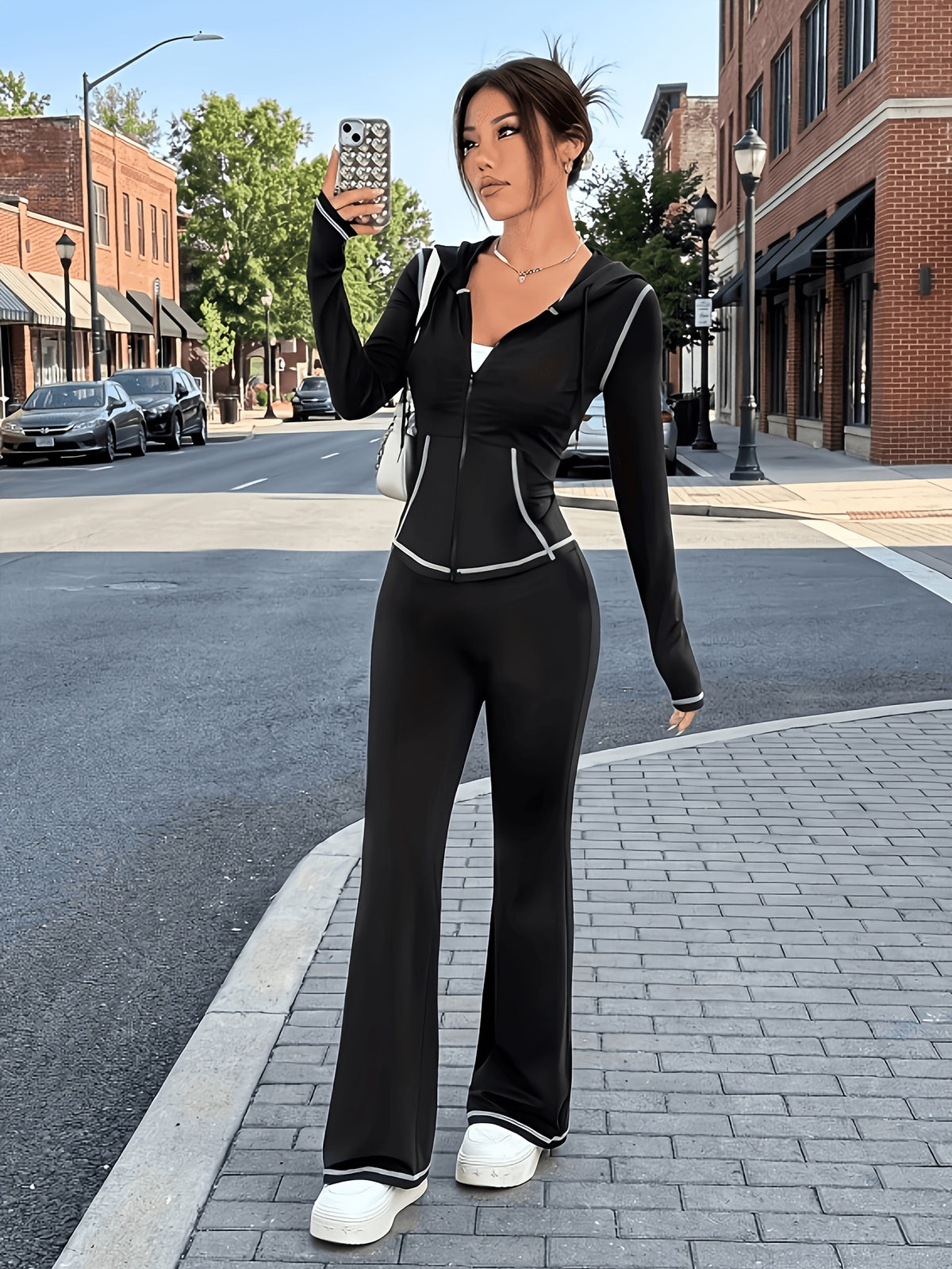Hooded Zip Top & Flare Pants Set - Black