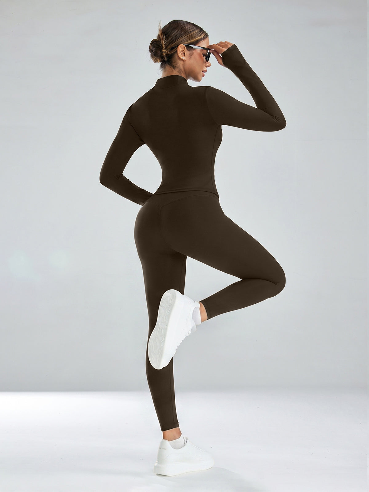 Mock Neck Track Jacket & Leggings Set - Coffee Brown