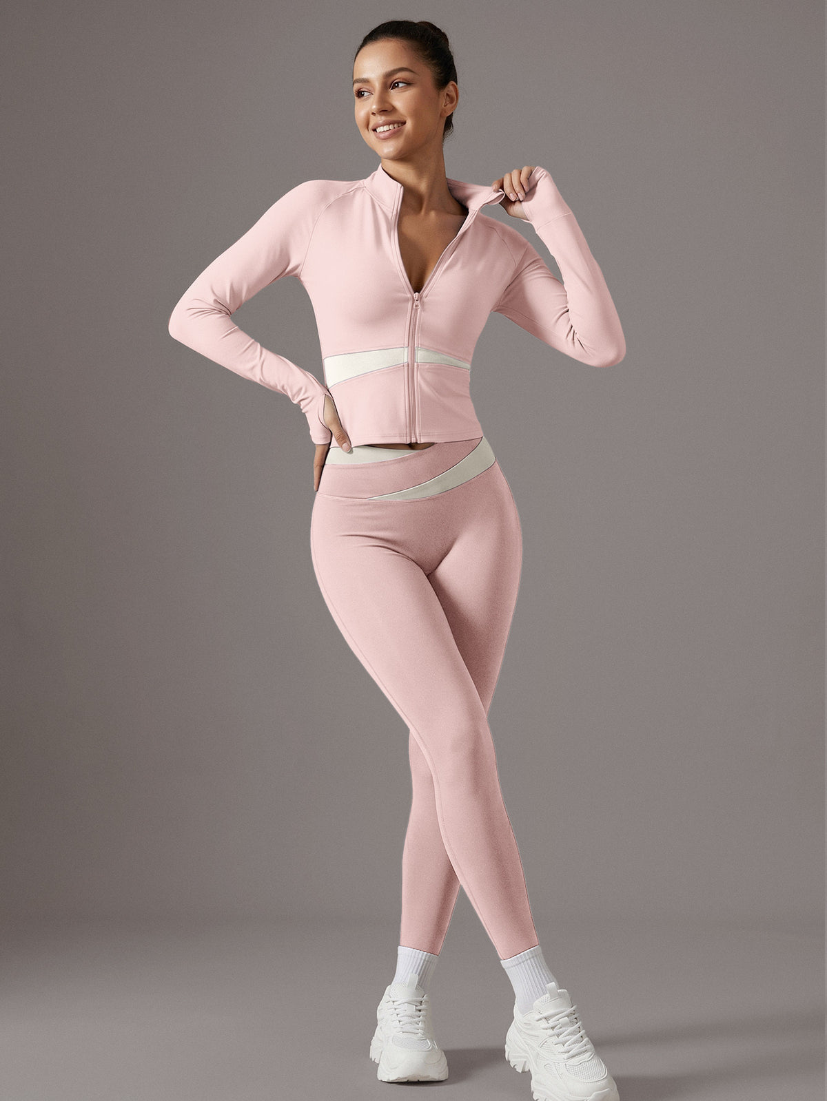 Color Block Cardigan Jacket & Slim Pants Set - Light Pink