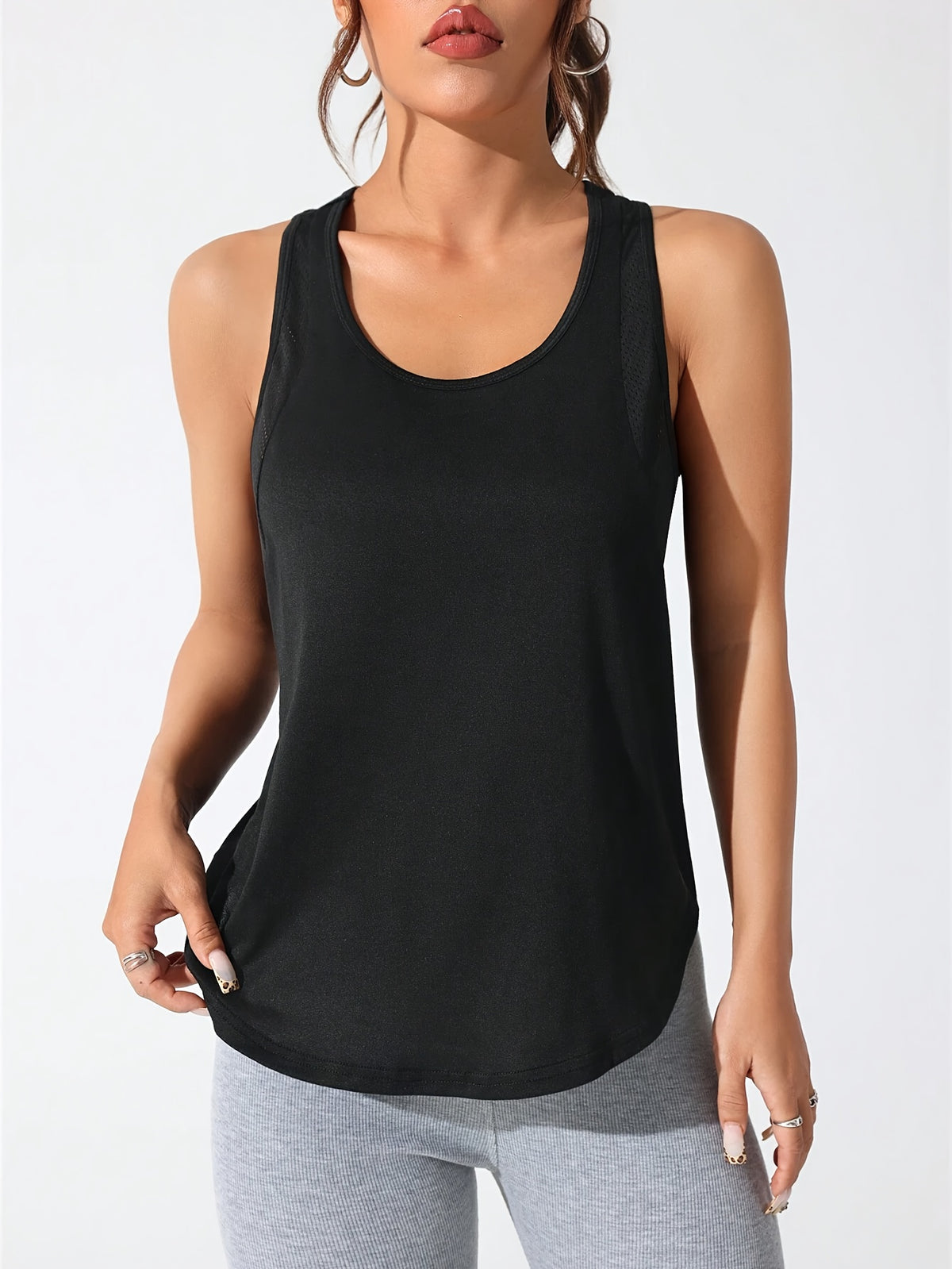 Mesh Panel Letter Print Tee & Vest Set - Black & Dark Blue