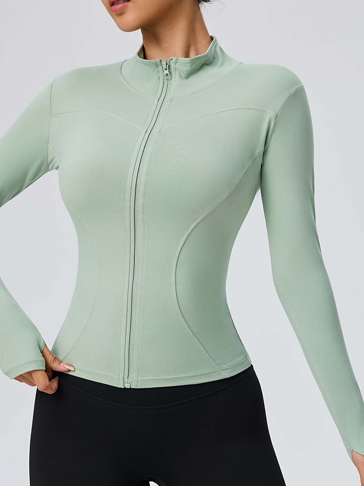 Slim Fit Cropped Zip Running Jacket - Light Green