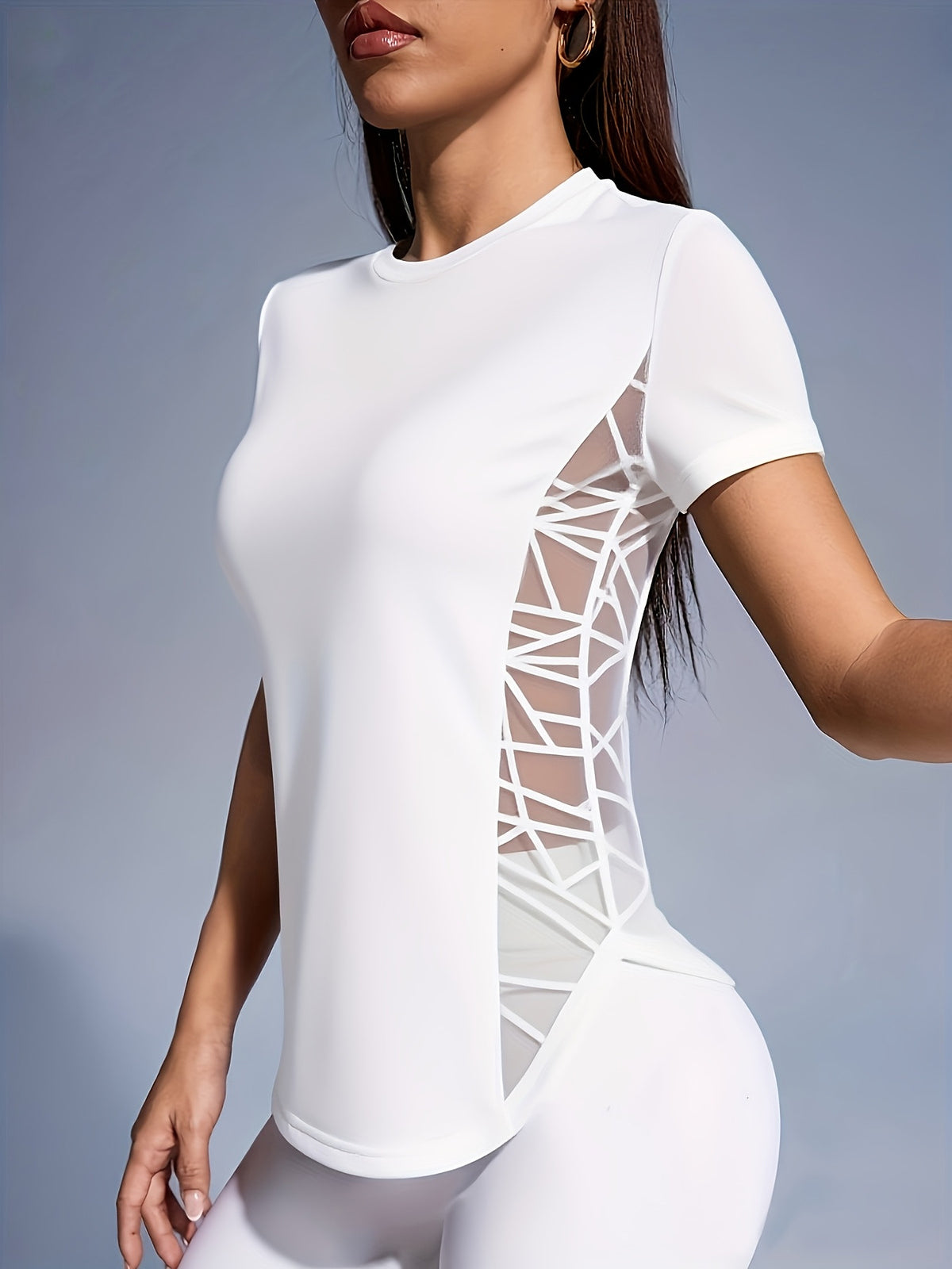 Side Mesh Panel Curved Hem Tee - White
