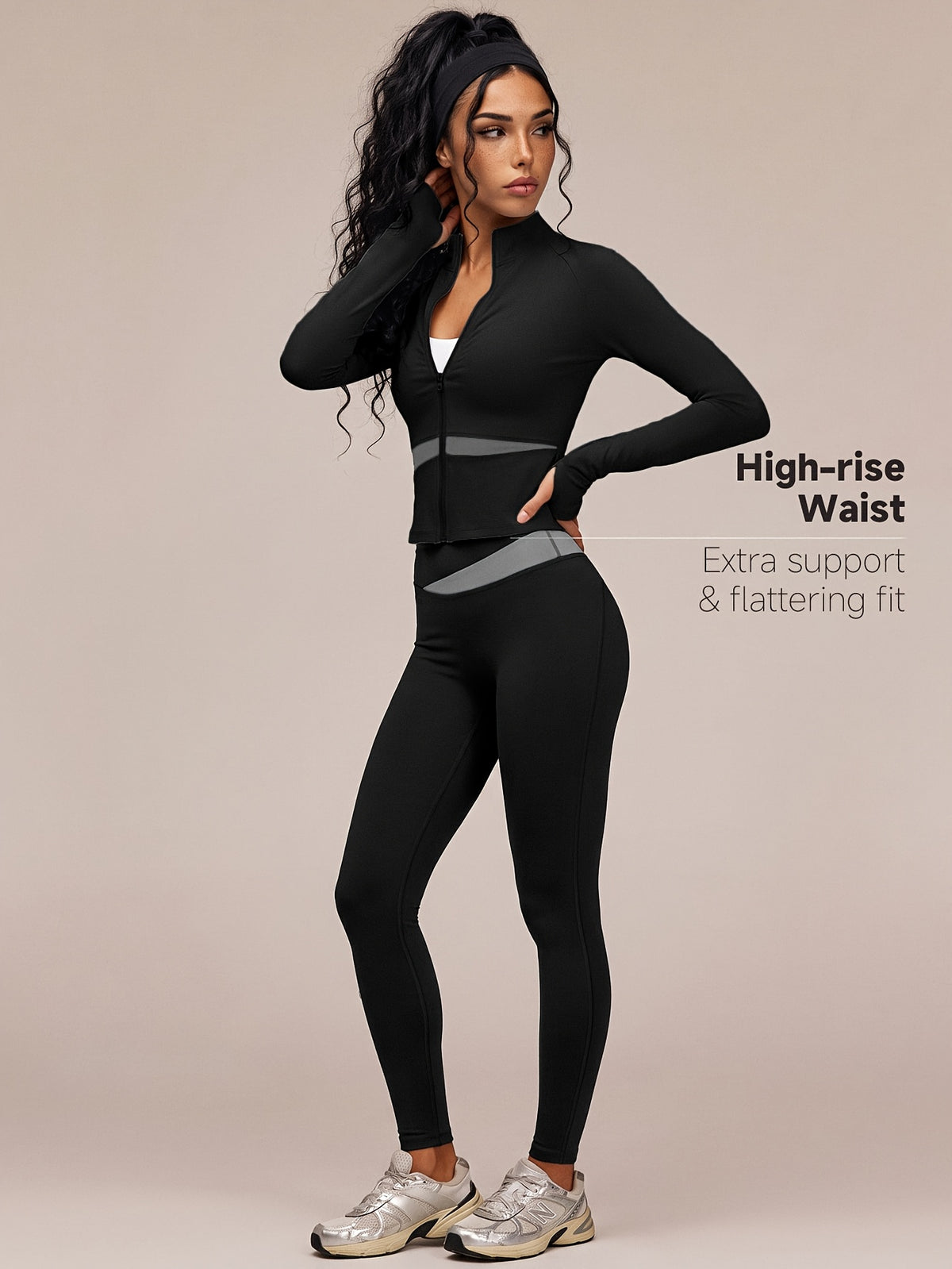 Contrast Seam Jacket & Leggings Set - Black