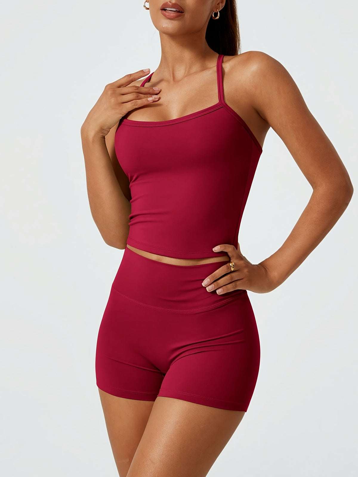 Strappy Back Tank & Shorts Set - Burgundy