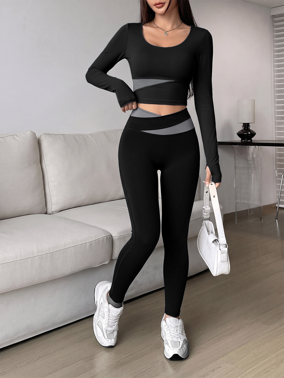 Spliced Finger Tab Crop Top & Pants Set - Black