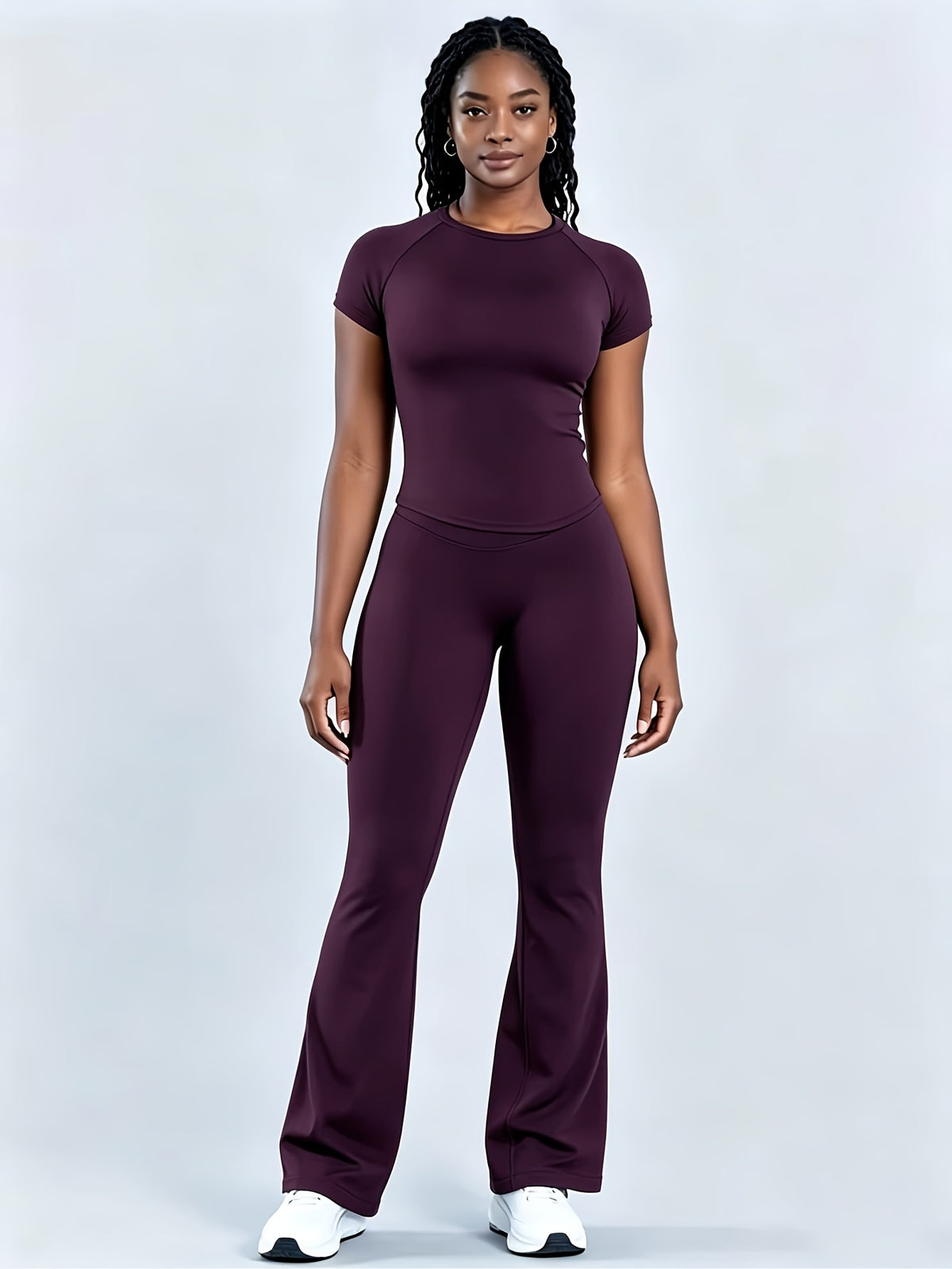 Short Sleeve Tee & Bell Bottom Pants Set - Deep Purple