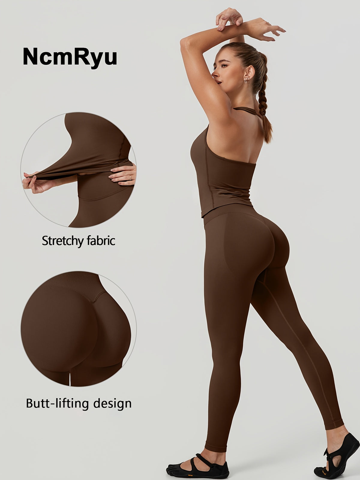 Square Neck Halter Tank & Leggings Set - Mocha Brown