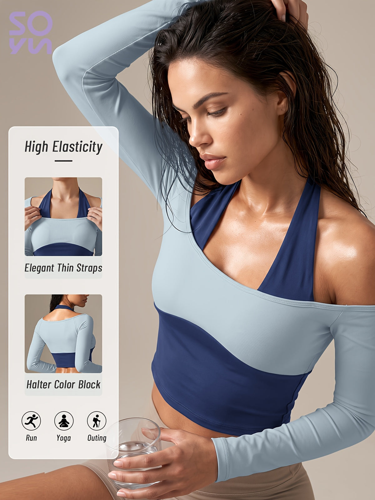 Faux Two-Piece Halter Color Block Top - Blue
