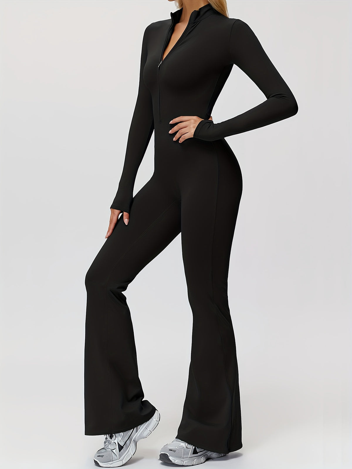 Long Sleeve Zip Flared Jumpsuit - Black