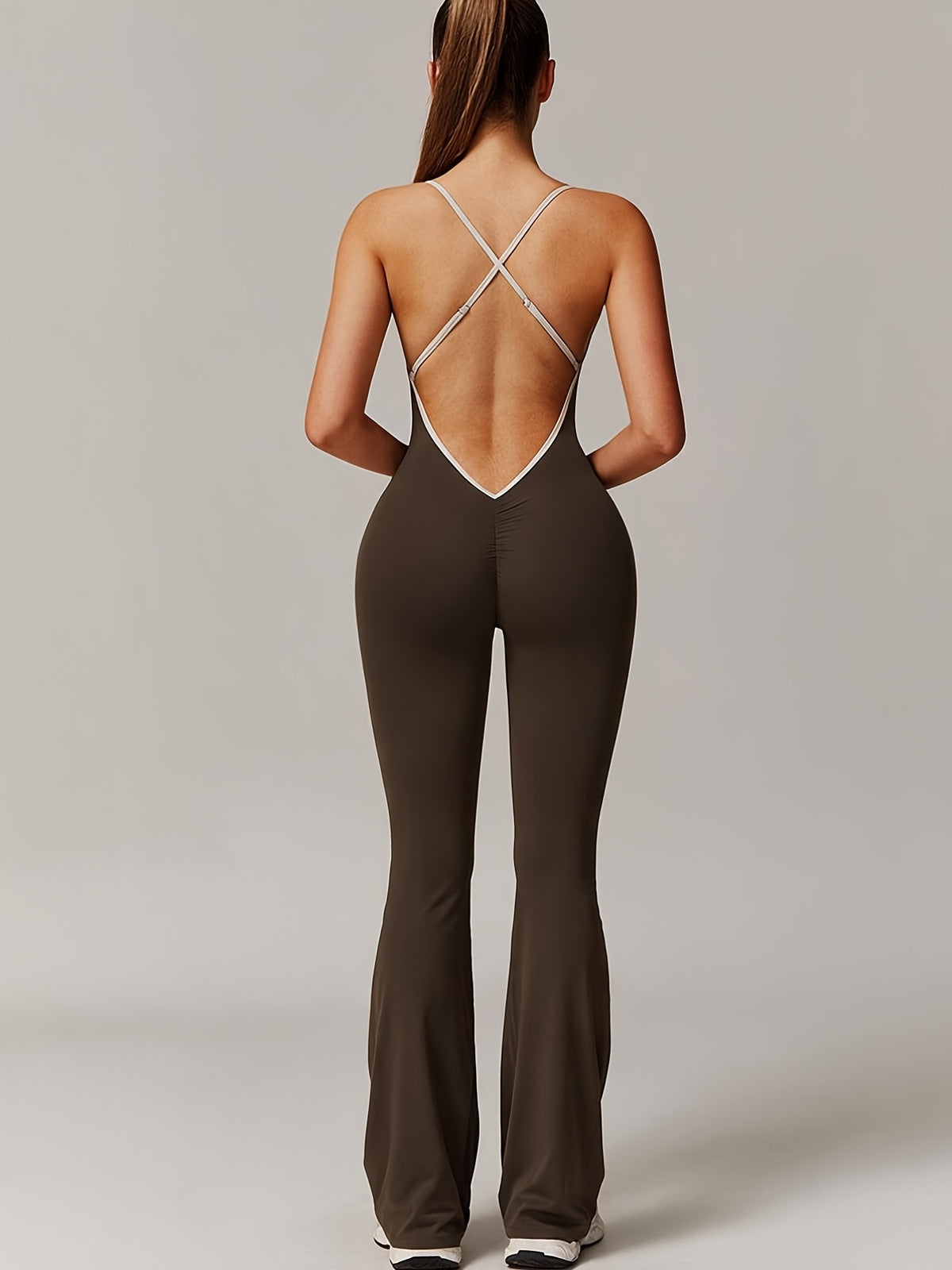 Crisscross Back Ruched Flare Jumpsuit - Coffee