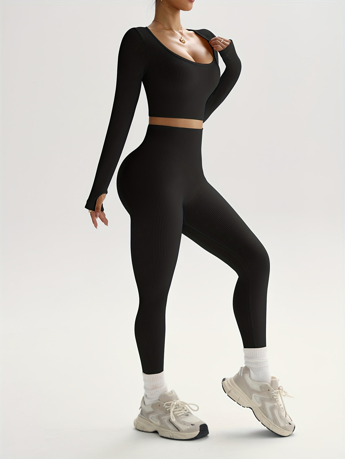 Ribbed Long Sleeve Top & Leggings Set - Black