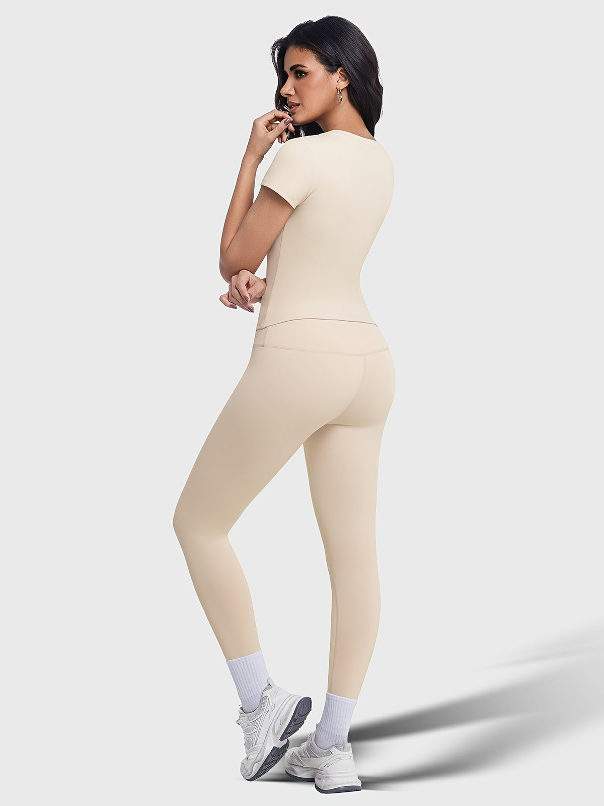 Crew Neck Tee & Leggings Set - Beige