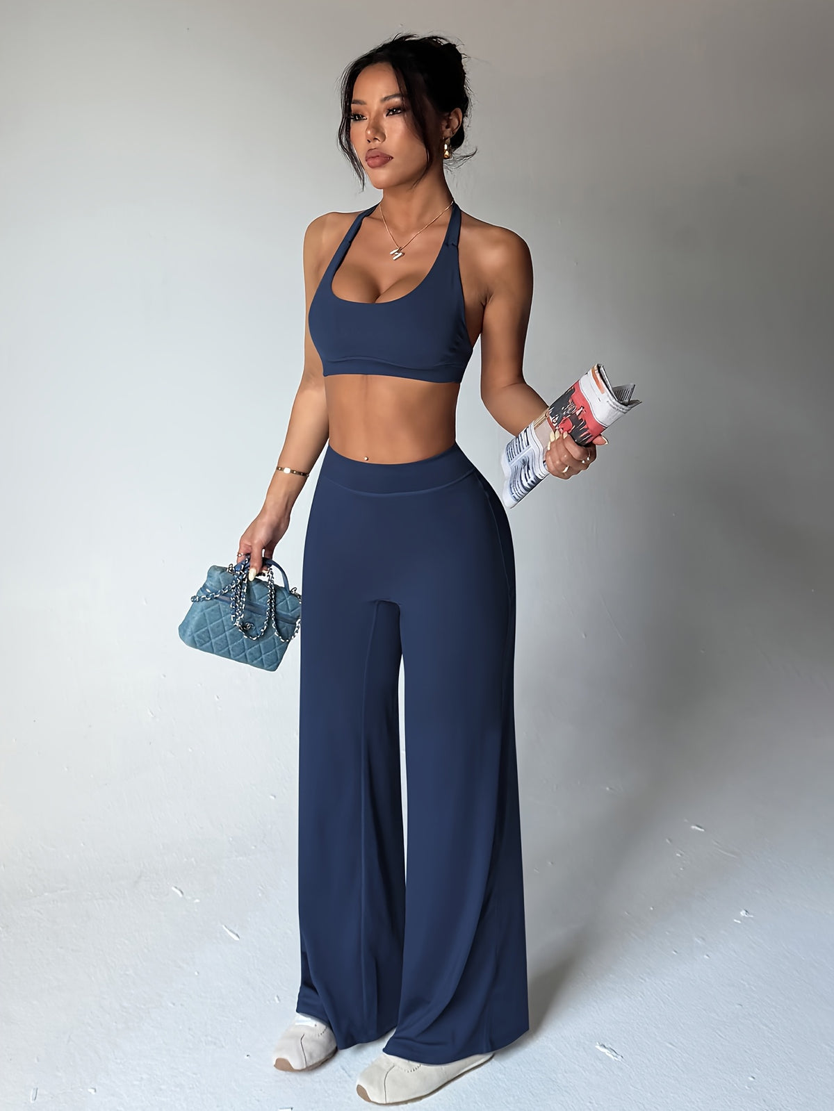 Shaper Top & Straight Leg Pants Set - Navy