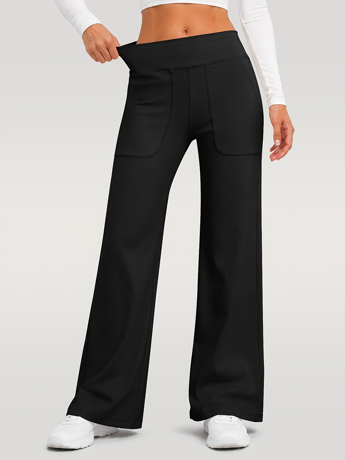 Draped Wide Leg Pocket Pants - Black