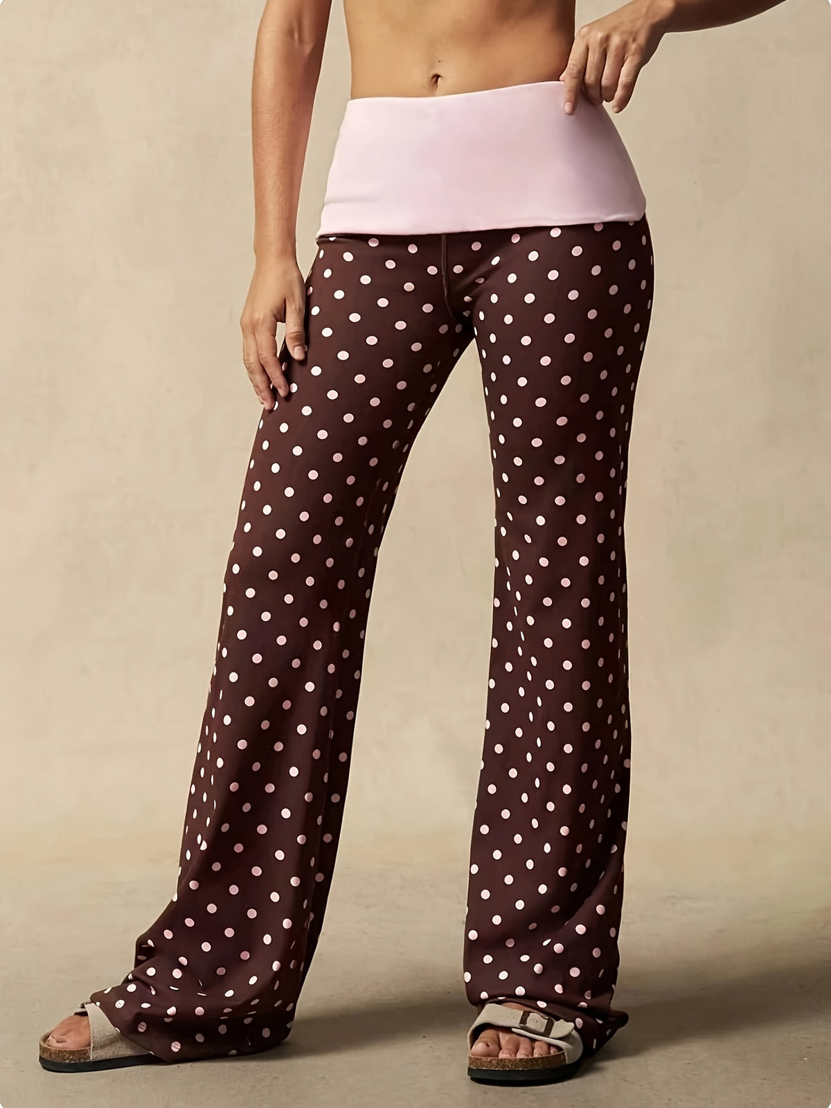 Polka Dot Fold Waist Flare Pants - Brown Base With Pink Dots