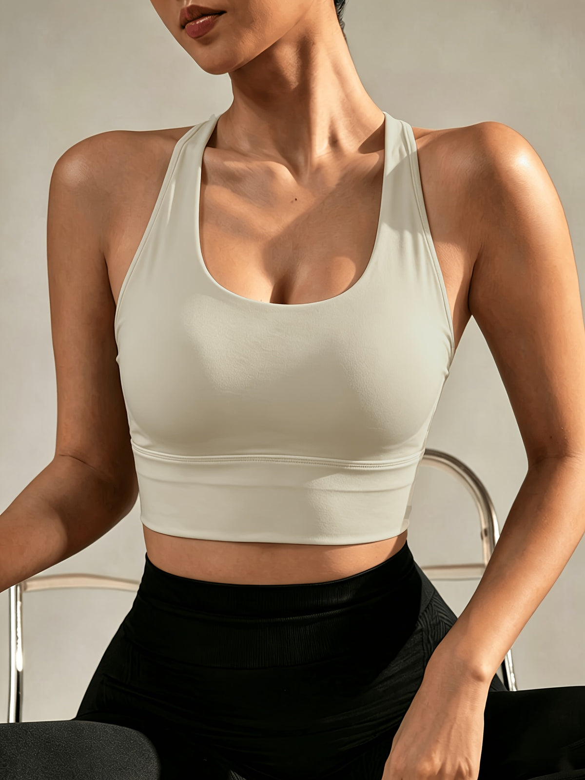 Wide Shoulder Strap Sports Bra Tank - Ivory White