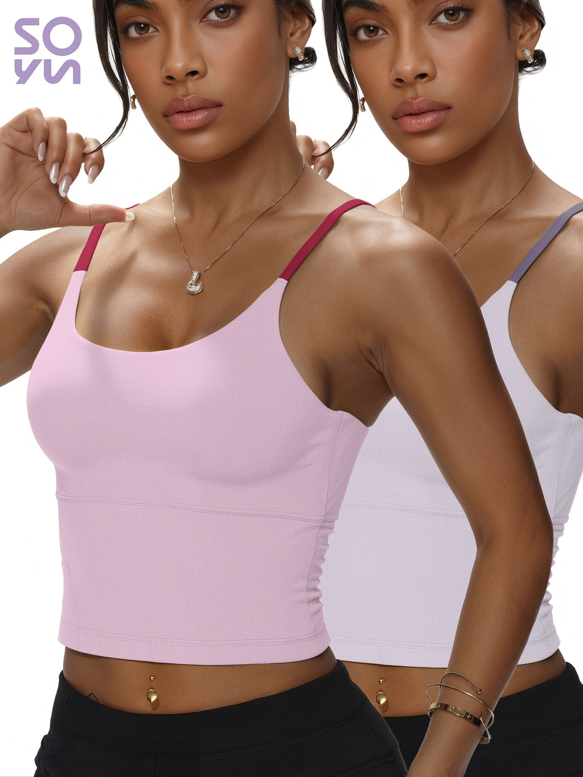 2 Pack Color Block Padded Tank Tops - Purple & Pink