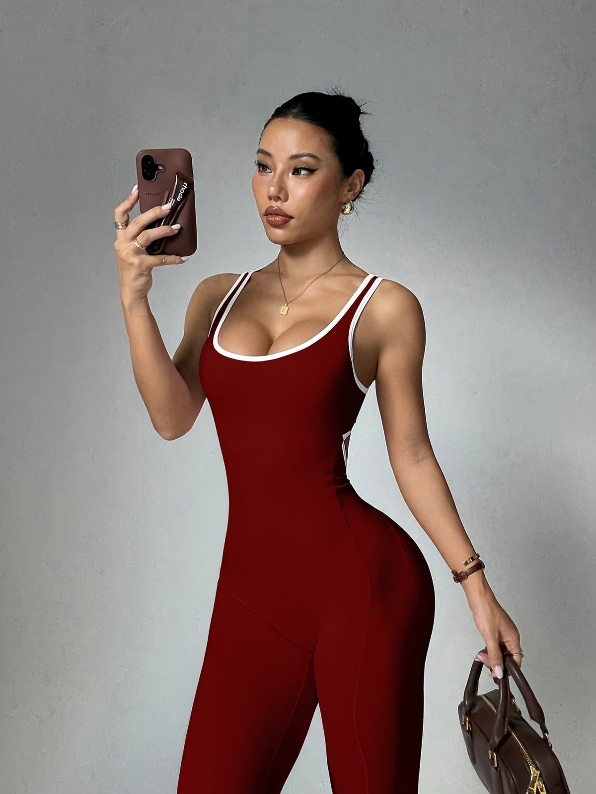 Cut Out Waist Flare Jumpsuit - Burgundy