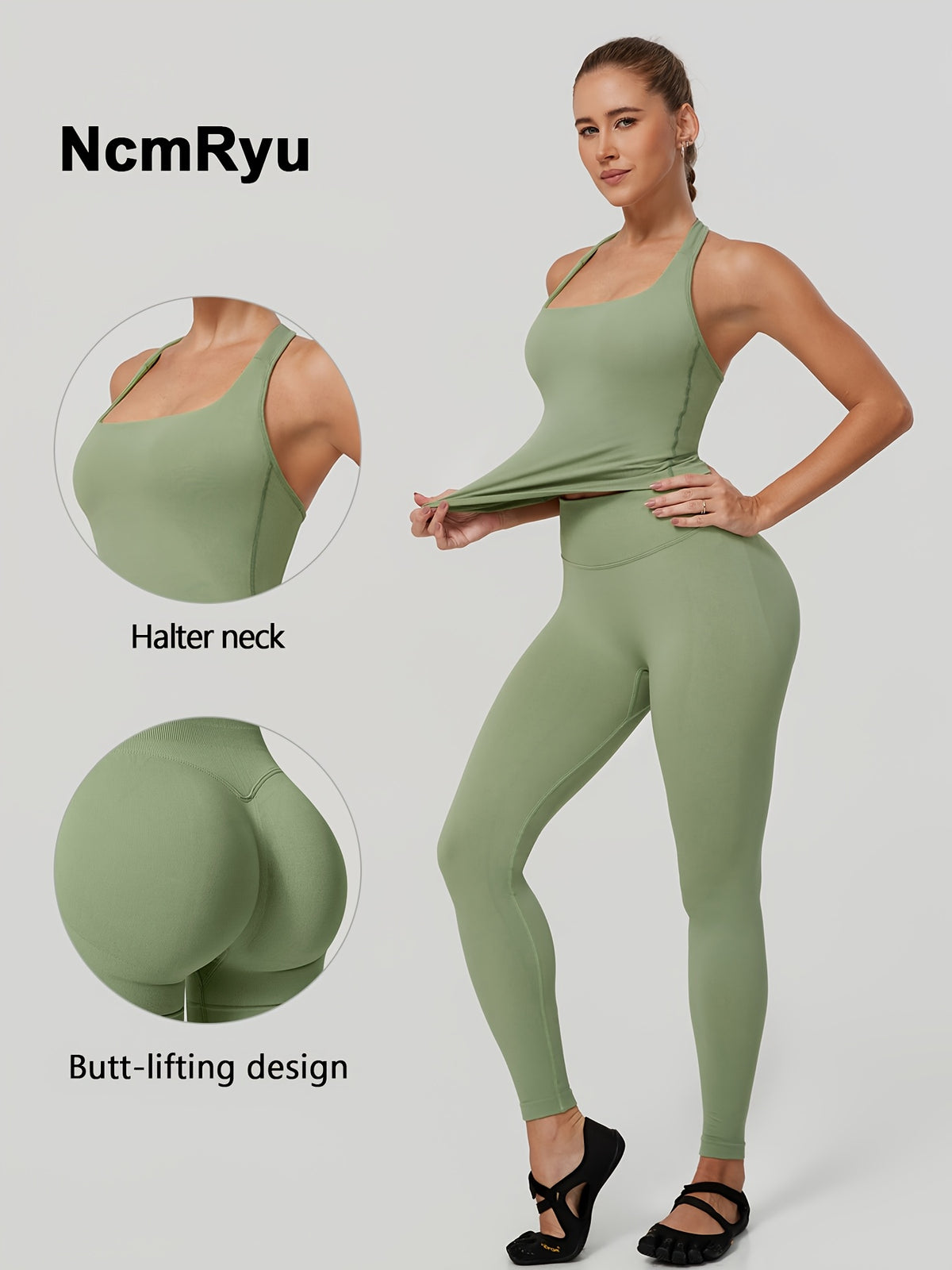 Square Neck Halter Tank & Leggings Set - Moss Green