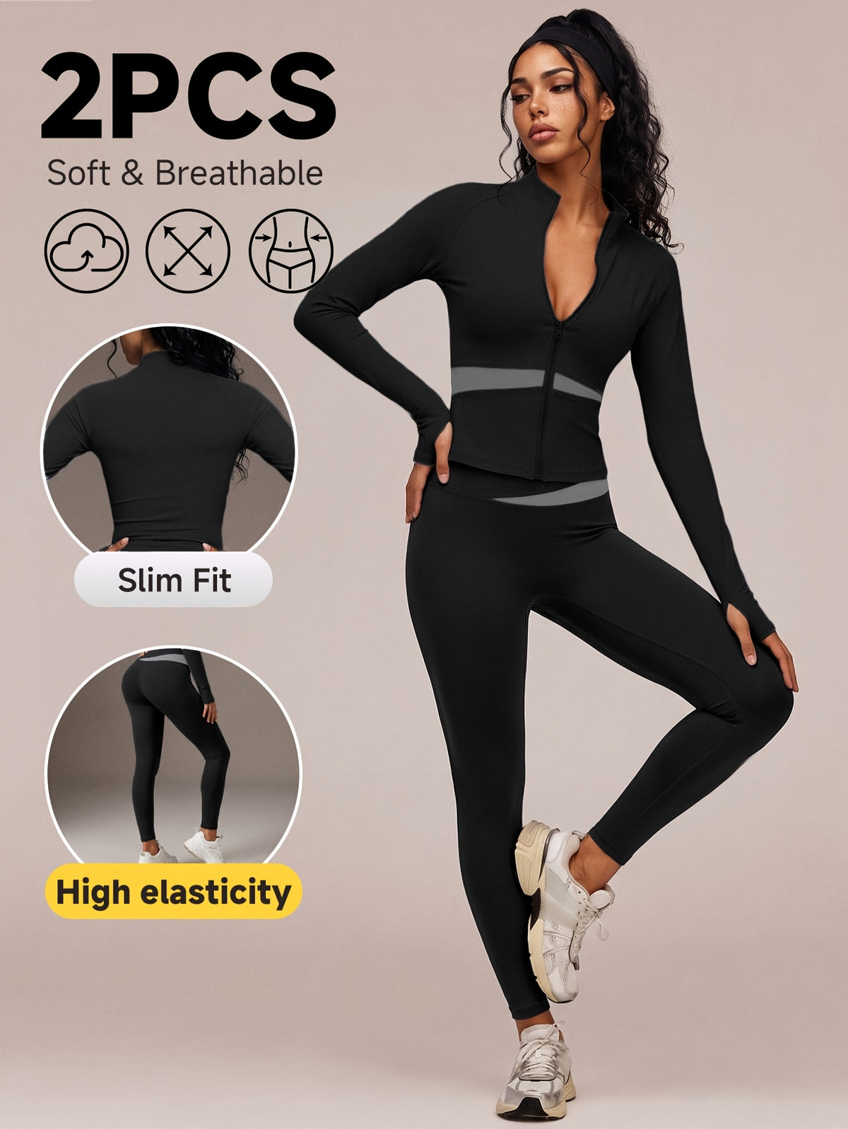Contrast Seam Jacket & Leggings Set - Black