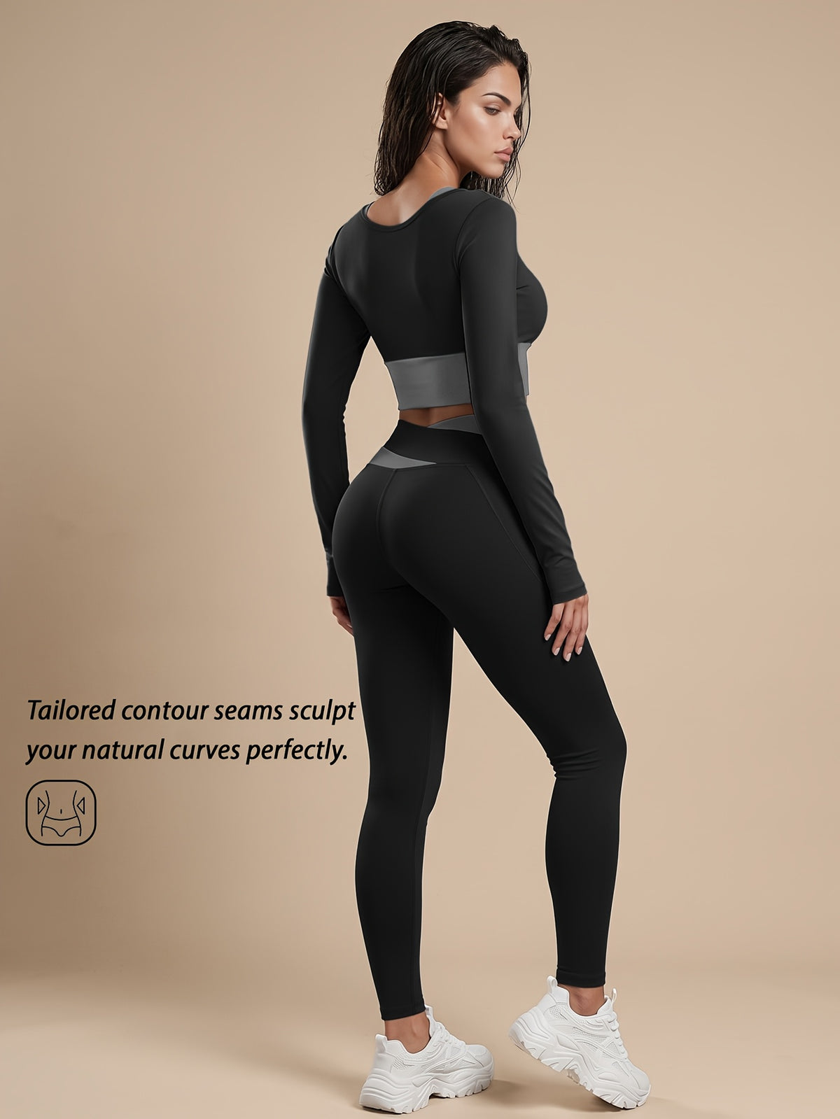 Faux Two-Piece Contrast Top & Leggings Set - Black