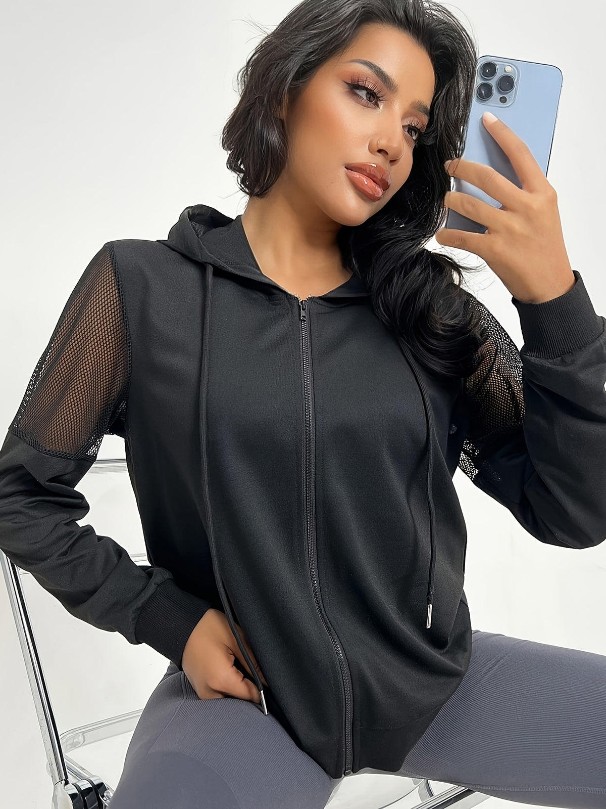 Mesh Splice Ribbed Cuff Hoodie - Black
