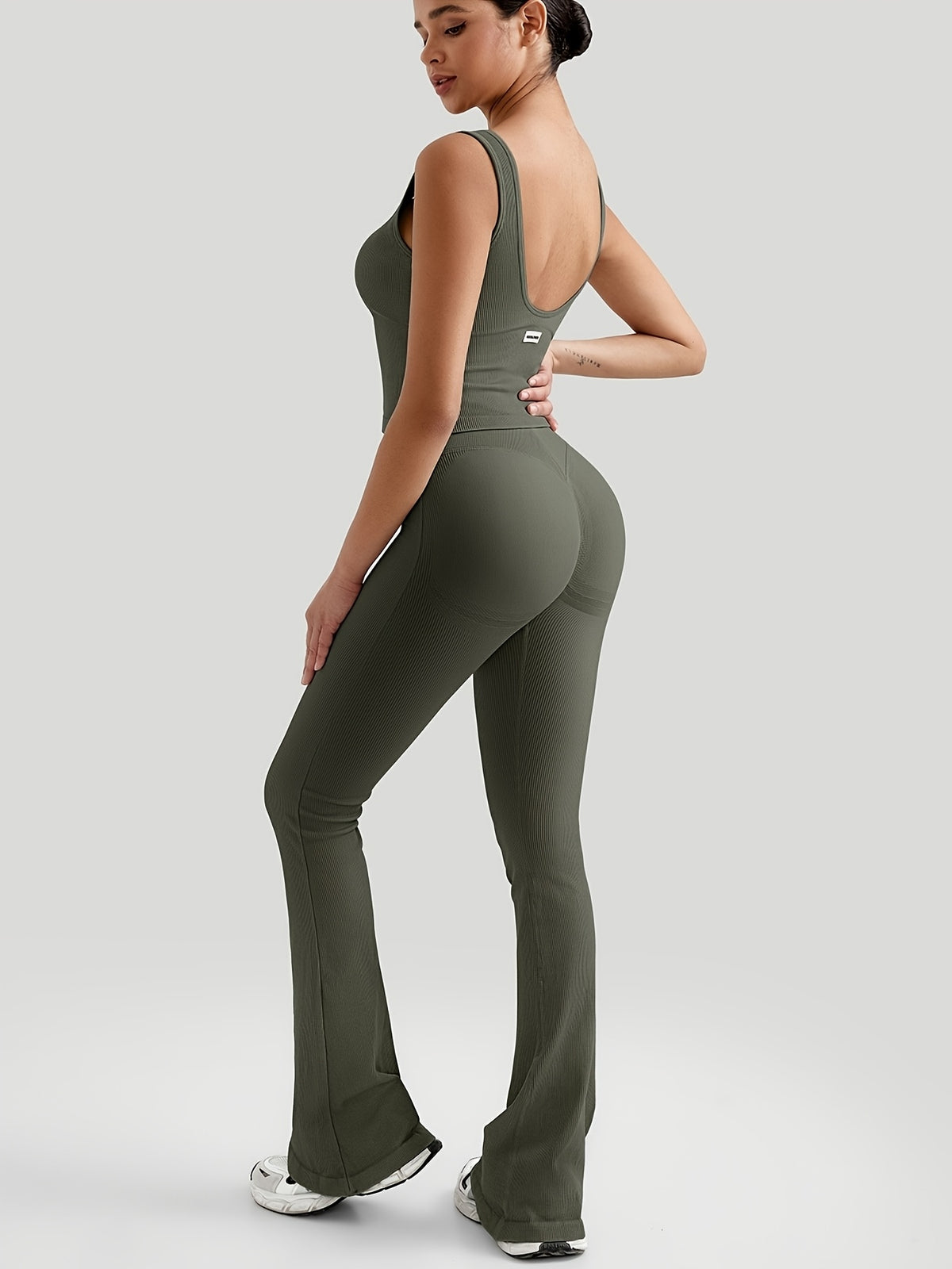 Ribbed V-Neck Tank & V-Waist Flare Set - Fern Green